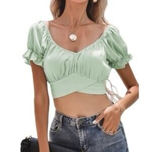 Indikah green crop top coquette boho festival NEW puff sleeve summer soft girl